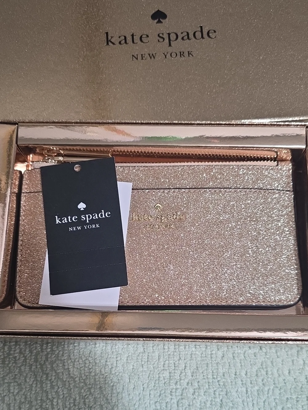 Kate Spade New York rose gold glitter cardholder clutch